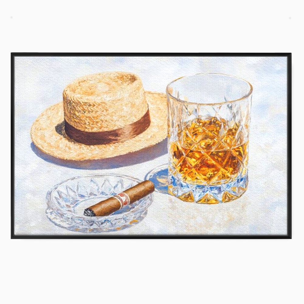Tablou canvas cu natura statica cu palarie si pahar de whisky, in rama de aluminiu negru